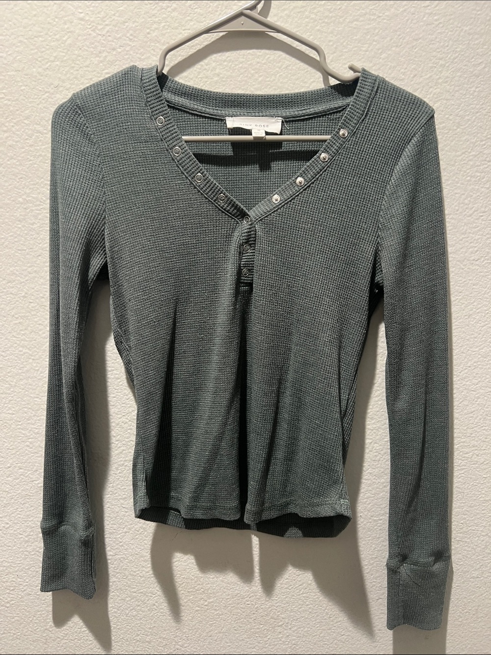 Pink Rose Slate Green Thermal Henley Long Sleeve Top